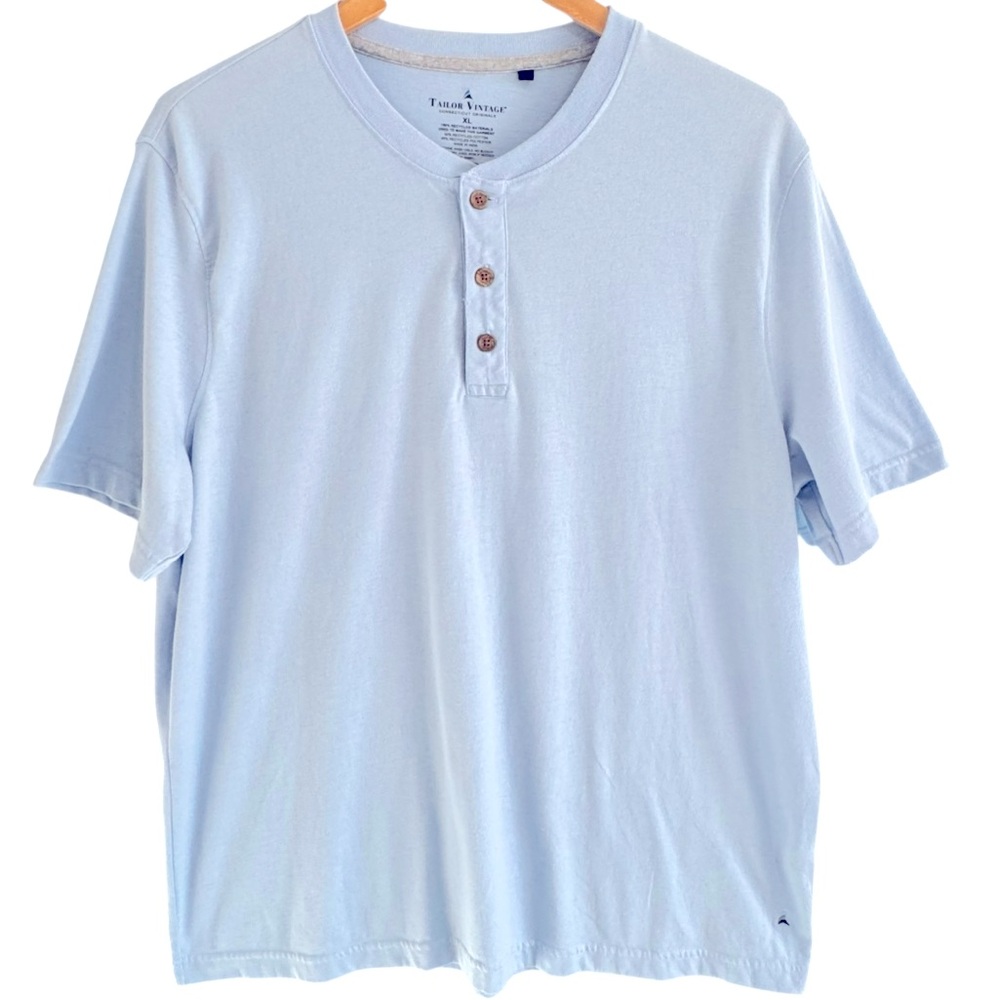Tailor Vintage Light Blue Henley Tee XL Eco Recycled Cotton Blend Shirt